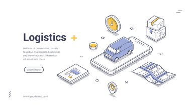 Lojistik dağıtım hizmeti kargo isometrik web pankartı tasarımı şablon çizimi çizimi çizimi çizimi. Ticari ulaşım çevrimiçi alışveriş siparişi dağıtım postası GPS mobil uygulaması