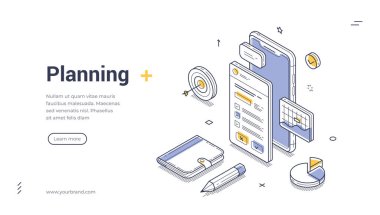İş planlama zamanı çalışma organizasyonu izometrik web paneli tasarım şablon çizgisi çizimi illüstrasyonu. Liste denetimi görev optimizasyon mobil uygulamasını düzenleyen çalışma süreci