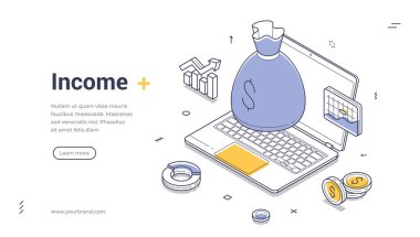 İnternet üzerinden izometrik web paneli tasarımı şablon çizim çizimi illüstrasyonuyla para kazanmak. İnternet işi ve ticari siber alan finansal zenginlik analizi dizüstü bilgisayar dijital teknolojisi