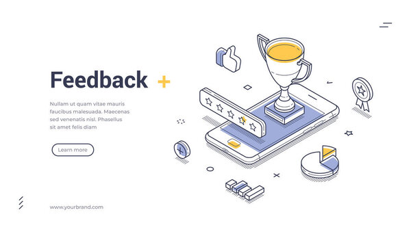 Оценка розничной стоимости услуг обратной связи Изометрическая иллюстрация векторной линии веб-баннера. Удовлетворенность клиентов Лучший выбор наград рейтинга поддержки клиентов технологии мобильных приложений