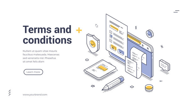 Terms and conditions internet agreement isometric web banner design template line vector illustration. Online contract legal form digital application information document insurance guarantee