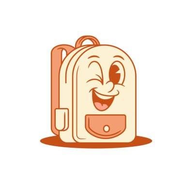 Komik gülümseyen okul çantası, çizgi film karakterinin göz kırpan izometrik vektör çizimi. Mutlu sırt çantalı öğrenci eğitim öğreniyor. Minimalist maskot pozitif duygularla eğleniyor.