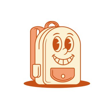 Gülümseyen mutlu okul çantası çizgi film karakteri izometrik vektör çizimine geri dönüyor. Neşeli, komik, sırt çantalı öğrenci eğitim Minimalist maskot öğreniyor, pozitif duygularla eğleniyor.