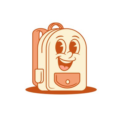 Okula gülümseyen sevimli okul çantası. Çizgi film karakteri izometrik vektör çizimi. Sevimli, dost canlısı sırt çantalı öğrenci eğitiminiz kutlu olsun. Minimalist maskotu olumlu duygularla inceliyorsunuz.