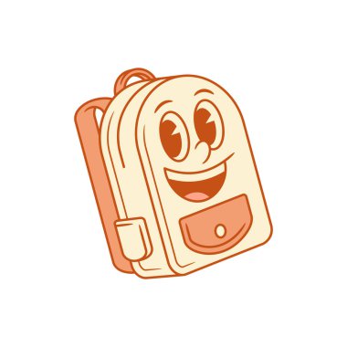 Çizgi film karakteri izometrik vektör illüstrasyonuna geri dön. Mutlu, sevimli sırt çantası öğrencisi. Eğitim okuyor. Minimalist maskot gülüşü.