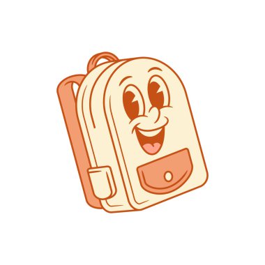 Komik okul çantasıyla karikatür karakteri izometrik vektör illüstrasyonuna geri dönmek. Gülümseyen mutlu sırt çantası üniversite öğrencisi eğitimi minimalist maskot gülümsemesi neşe verici duygu