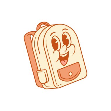 Çizgi film karakteri izometrik vektör illüstrasyonuna geri dönen komik okul çantası. Güler yüzlü, sevimli gülümseme çantalı öğrenci eğitim öğreniyor minimalist maskot pozitif duygu