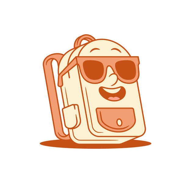 Прохладный улыбающийся школьный портфель обратно в школу мультфильм изометрической векторной иллюстрации персонажа. Счастливый фанки рюкзак ученик изучает образование минималистский талисман в летних очках улыбка положительные эмоции