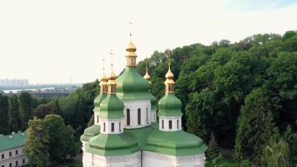 緑のドームを持つ正統派のスラブ教会の眺め 緑の教会のドームと木の風景 — ストック動画