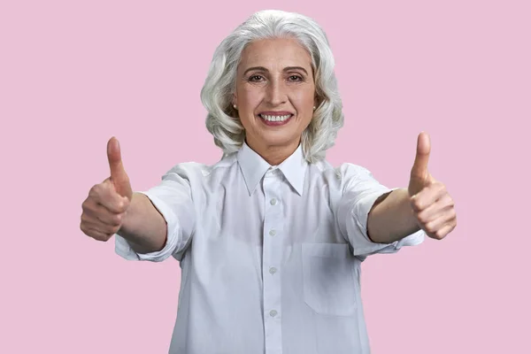 Portrait Aged Lady Show Thumbs Isolated Pink Color Background — Stock Photo, Image