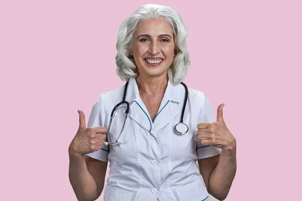 Portrait Smiling Cheerful Female Doctor Stethoscope Isolated Pale Pink Background — Stock Photo, Image