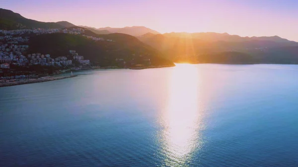 Aerial Panoramic View Beautiful Resort Town Mediterranean Coast Sunset Vacation — Stock Photo, Image