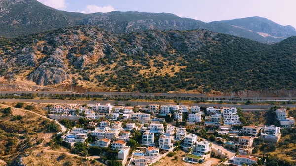 Mountains Cityscape Coastal Town Aerial Panoramic View Drone Kas Antalya — Stock Photo, Image
