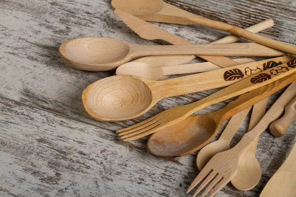 Wooden Rustic Spoons Forks Close Retro Kitchen Utensils — Stock Photo, Image