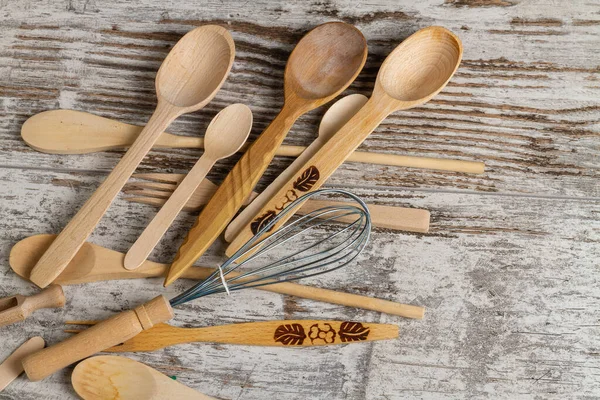 Top View Rustic Wooden Kitchen Utensils Close Spoons Whisk — Stock Photo, Image