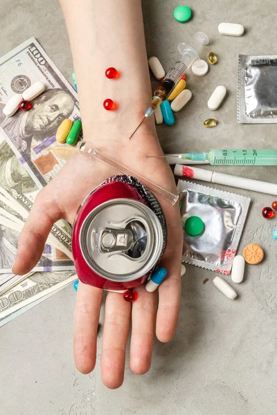 Top View Hand Holding Crushed Soda Can Drug Addiction Concept — Stock Photo, Image