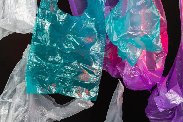 Siyah Arka Planda Izole Edilmiş Çeşitli Plastik Poşetlerin Toplanması Plastik — Stok fotoğraf