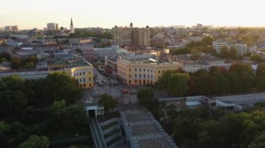 View from drone of evening Odessa city scape. Odessa Potemkin stairs. Building and trees.