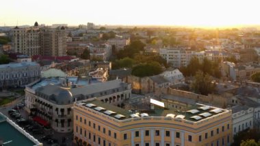 Aerial drone view of sunny urban city scape. Buildings in Ukraine, Odessa.