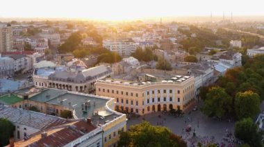 Aerial view of Odessa city at sunset or sunrise. Ukrainian town scape.