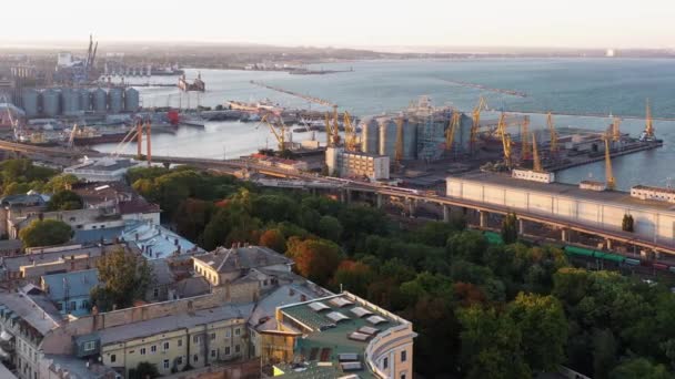 Aerial Drone View Sea Port Tower Cranes Ukraine Odessa Cityscape — Wideo stockowe
