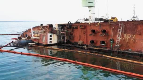 Odesa Ukraine 2020 Close Overturned Oil Tanker Lying Its Edge — Stockvideo