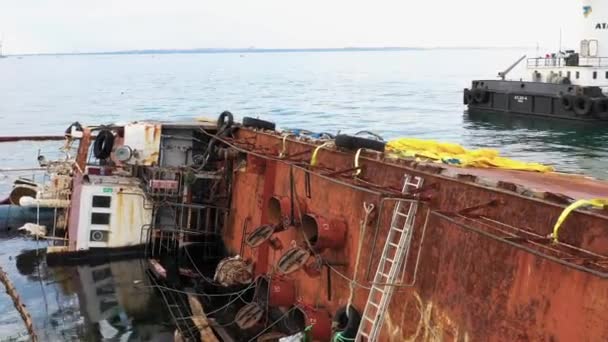 Odesa Ukraine 2020 Close Sunken Drowned Oil Tanker Ship Wreck — Stock Video