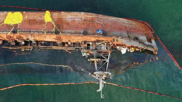 Aerial Top View Drone Overturned Broken Rusty Oil Tanker Ship — Stock Photo, Image