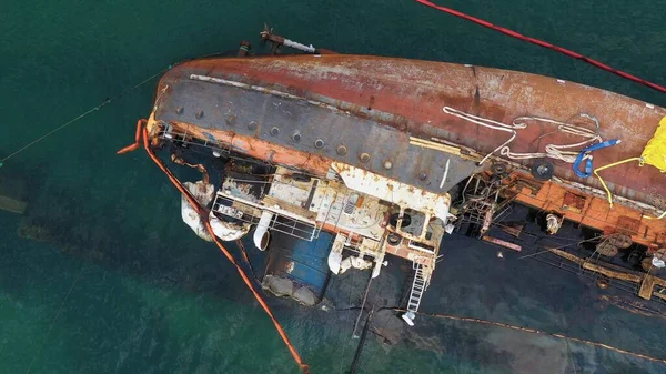 Aerial Top View Overturned Broken Rusty Oil Tanker Ship Wreck — Stock Photo, Image