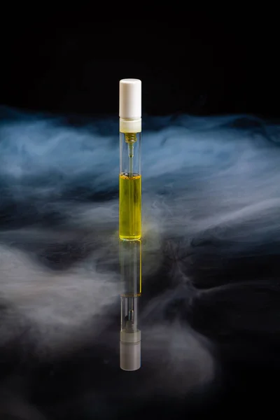 Vertical Shot Perfume Sample Bottle Steam Isolated Black — 图库照片