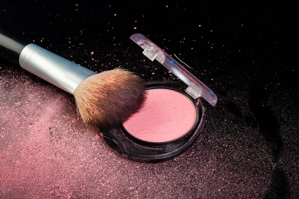 Close Make Brush Cosmetic Powder Box Cosmetic Accessories Black Background — Stock Photo, Image