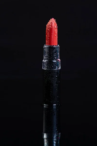 Close Red Lipstick Water Drops Vertical Shot Black Background — Stock Photo, Image