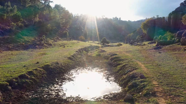 Krajina Přírody Krásné Horské Údolí Ranním Slunci Létě — Stock fotografie
