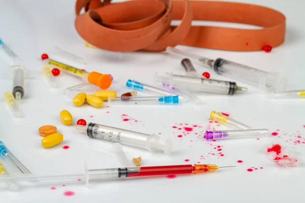 Assorted Medical Drugs Syringes White Background Various Medical Equipment Blood — Stock Photo, Image