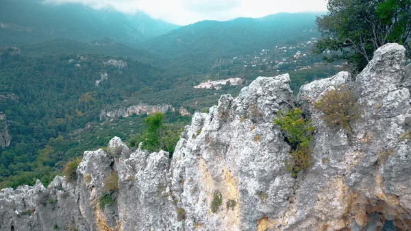 Stenen Rotsstructuur Van Berg Panoramisch Uitzicht Van Boven Bergvallei Met — Stockfoto