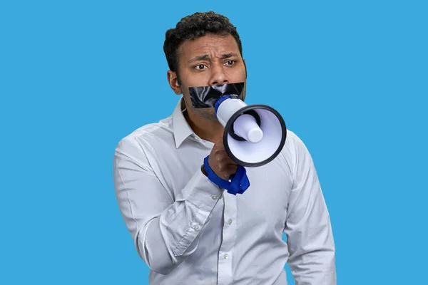 Young Indian Man Taped Mouth Holding Megaphone Isolated Blue — Stock Photo, Image