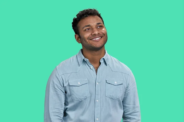 Fröhlich Lächelnder Junger Indischer Mann Blickt Auf Man Denke Neue — Stockfoto