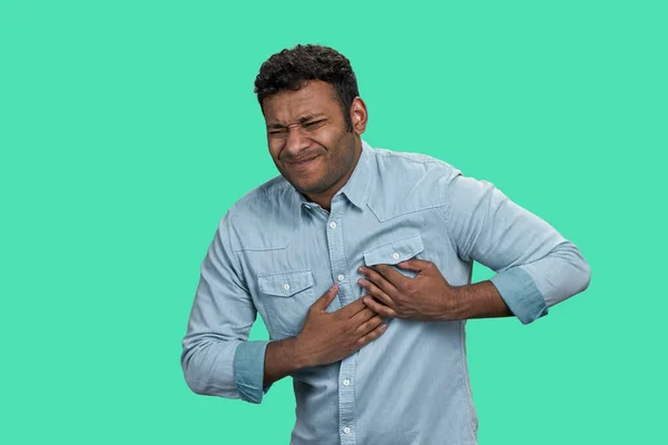 Young Indian Man Having Pain Heart Brown Guy Heart Attack — Stock Photo, Image