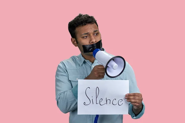 Indian Man Taped Mouth Speaks Megaphone Censorship Free Speech Concept — Stock Photo, Image