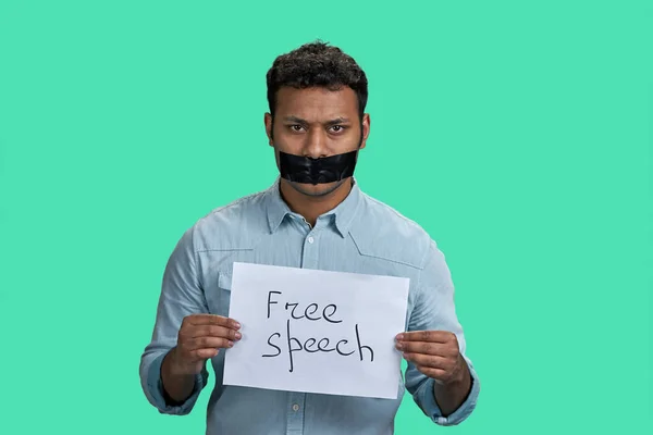 Indian Man Silenced Mouth Taped Holding Paper Sheet Free Speech — Stock Photo, Image