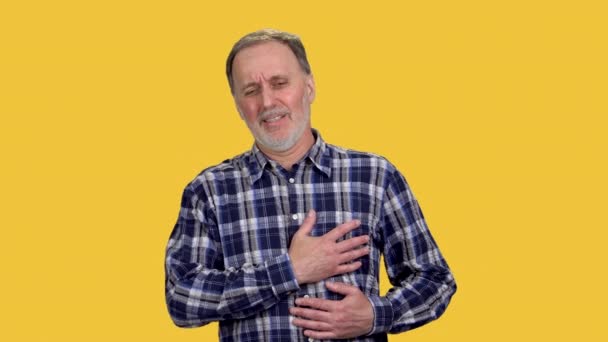 Mature Senior Caucasian Man Having Heart Pain Male Touching His — Stock Video