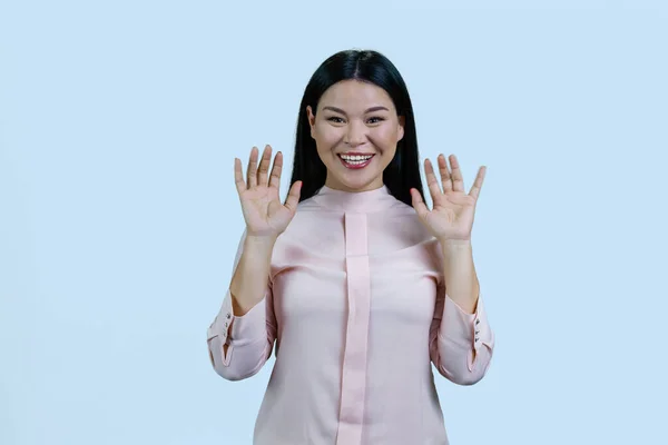 Young Asian Woman Her Hands Shows Her Palms Give Gesture — Stock Photo, Image