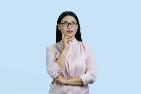 Portrait Smart Young Asian Businesswoman Glasses Isolated Pale Blue — Stock Photo, Image