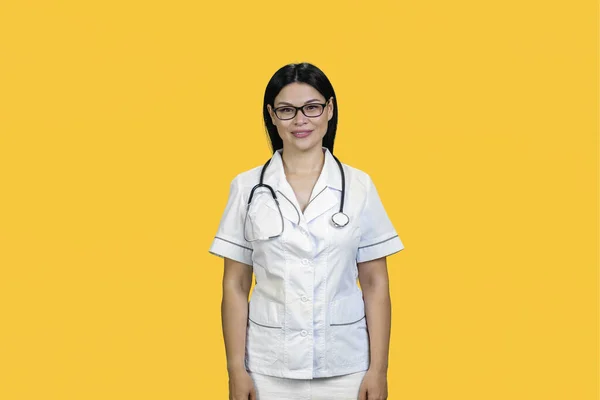 Portrait Young Asian Female Doctor Glasses Isolated Yellow — Stock Photo, Image