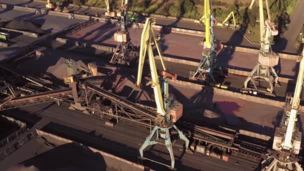 Vista Superior Grúas Montones Carbón Puerto Marítimo Concepto Envío Transporte — Vídeo de stock