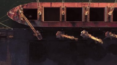 Endüstriyel vinçlerin tanker gemisine kömür yüklediği en üst görüntü. Sevkiyat ve ulaşım kavramı.
