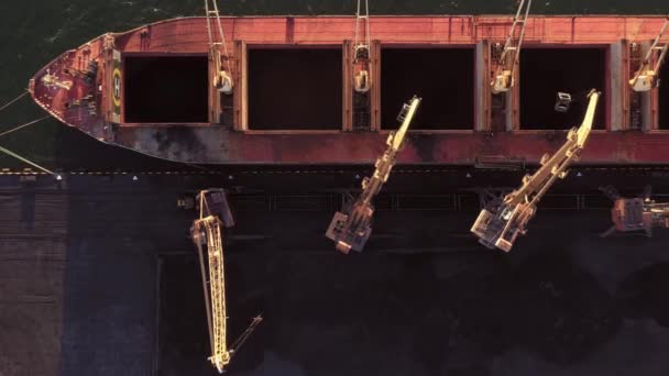 Індустріальні Крани Завантажують Танкерний Корабель Вугіллям Логістика Морського Порту — стокове відео