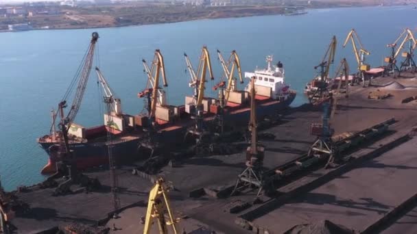 Industriële Zeehaven Met Schip Kranen Luchtdrone Zicht — Stockvideo
