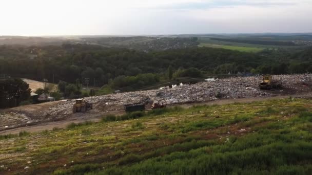 Tractor Landfill Site Garbage Dump Countryside Rural Field Aerial Perspective — Stock Video