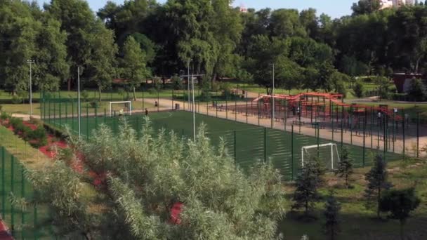 Sztuczny Boisko Piłki Nożnej Siłownia Świeżym Powietrzu Parku Chłopcy Grają — Wideo stockowe